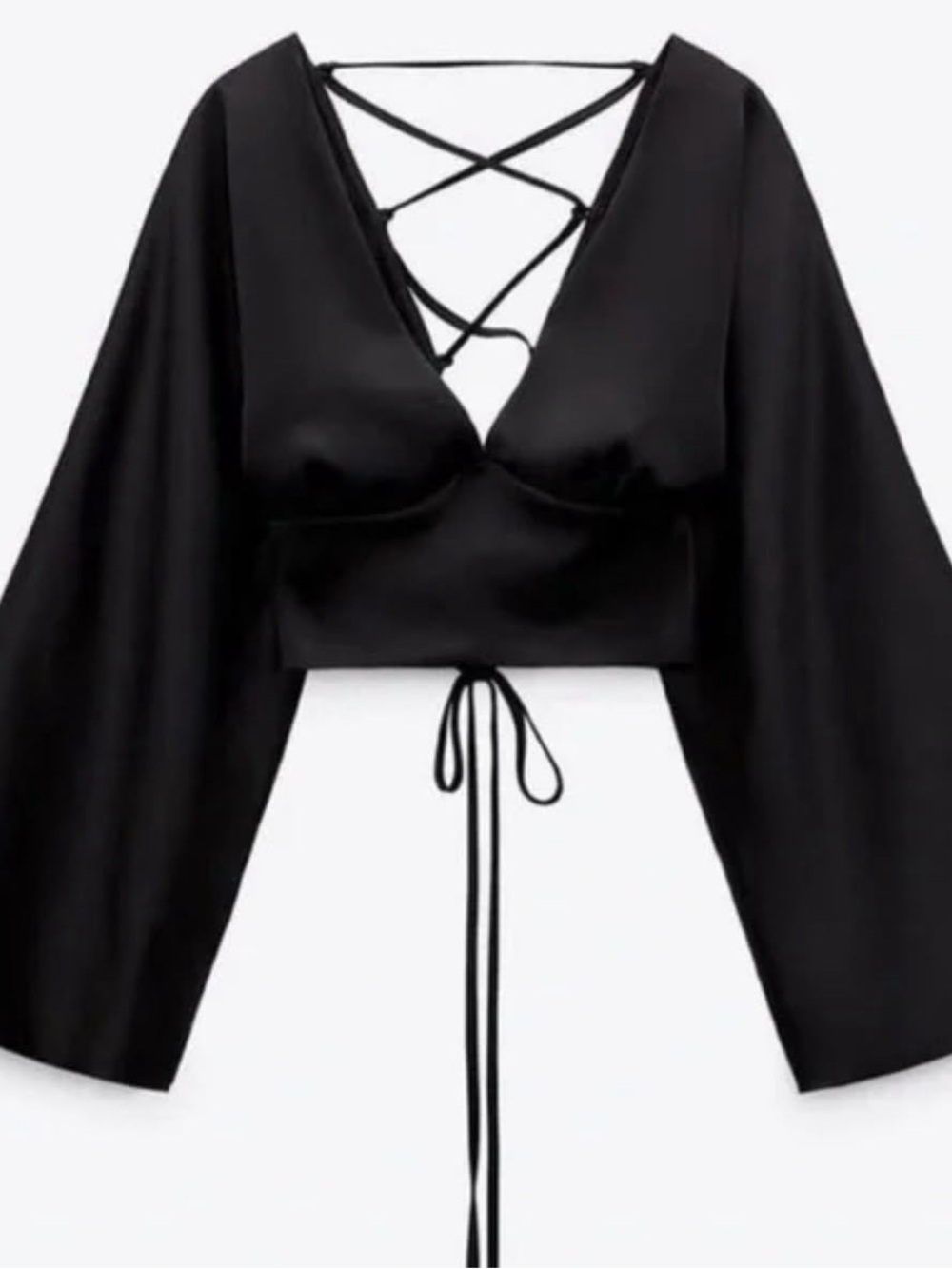 Zara Black Satin Effect Cropped Blouse Wide Sleeve Top - Size S